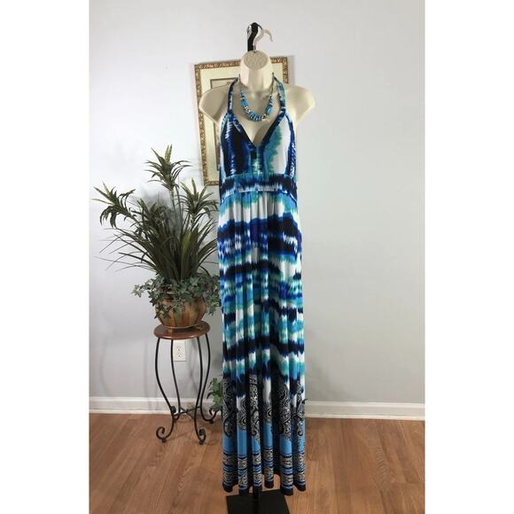 Iman Women LG Maxi Dress Halter Artsy Boho Geometric Pullover Elastic Back - Picture 1 of 12